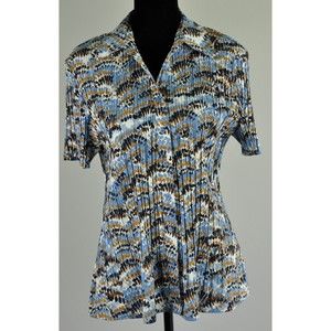 Laura Scott Women’s SZ XL Short Sleeve Button Front Pleated Top - Blue Brown Blk